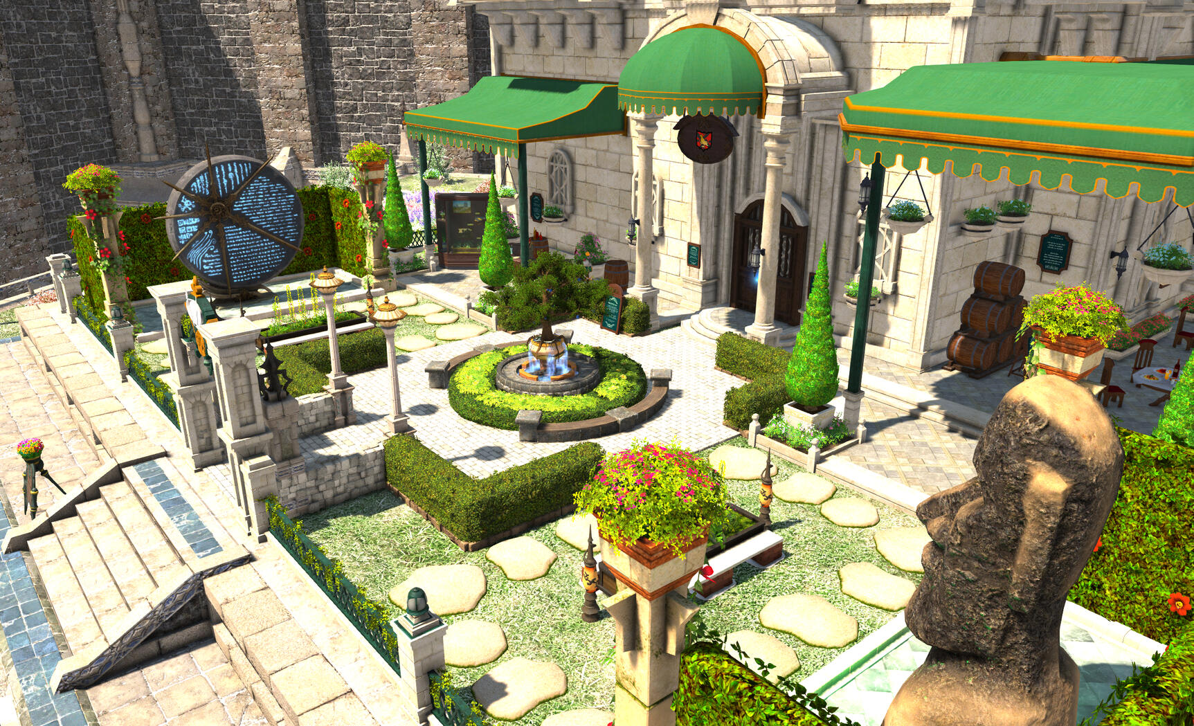 A screenshot from FFXIV of Ravens Gallery Museum's front yard with topiaries and two statue displays (Moai Statue and Occult Epitaph) and a fountain in the center of the walkway.