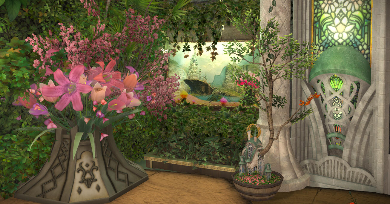 To the left, riot of plant life highlights the chaotic lushness of Il Mheg. To the right, stained glass windows evoke Lyhe Ghiah, while at center a window looks out over the castle itself.