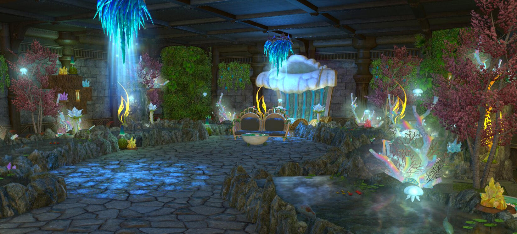 The Eorzean Aquarium Sophia basement with an underwater themed screencap studio.