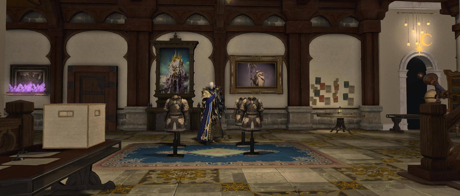 Dragonsong War Museum lobby, showing Ishgardian armour and some paintings.