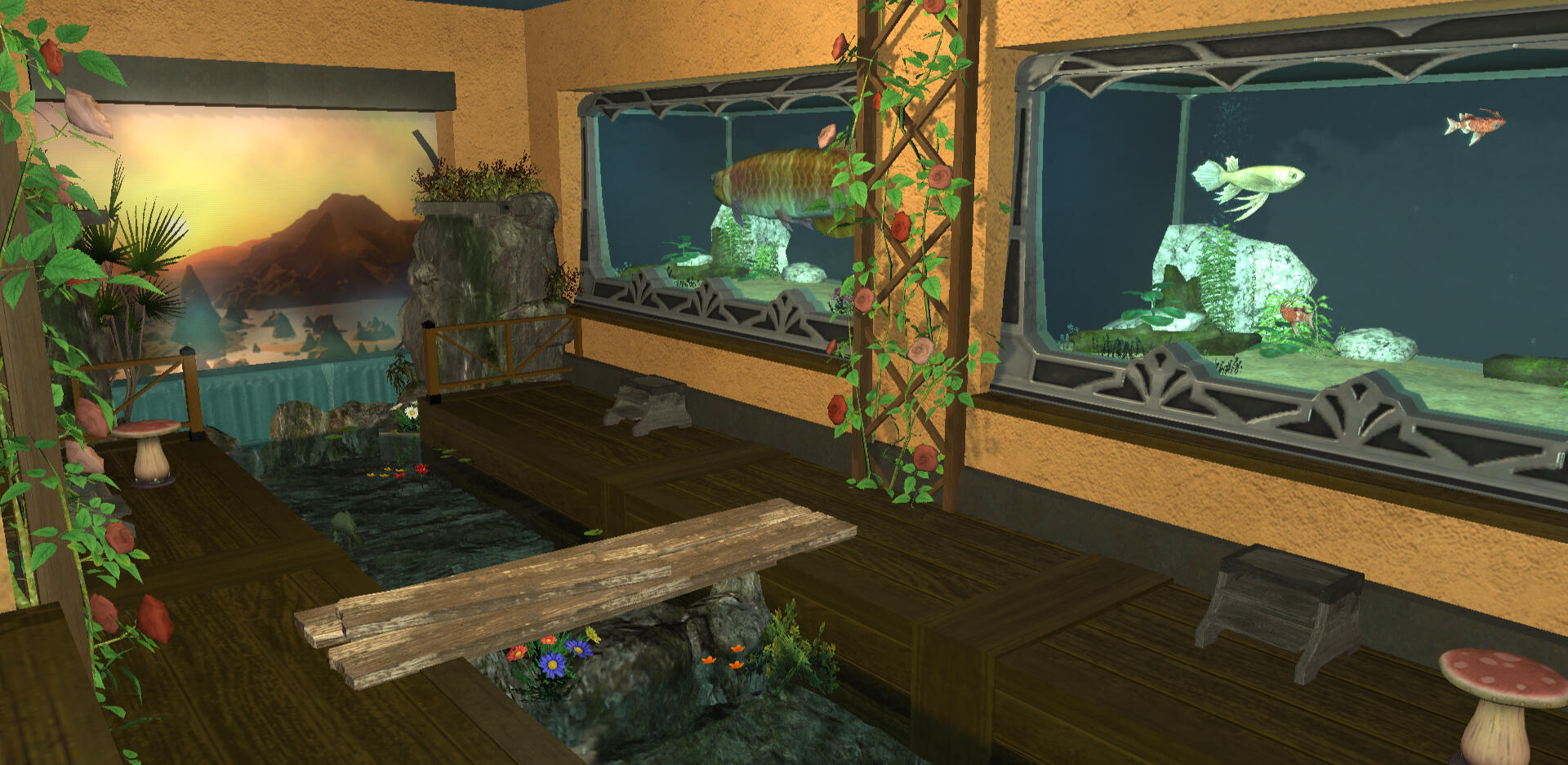 An exhibit in the Eorzean Aquarium Spriggan with a river running down the centre of the room.