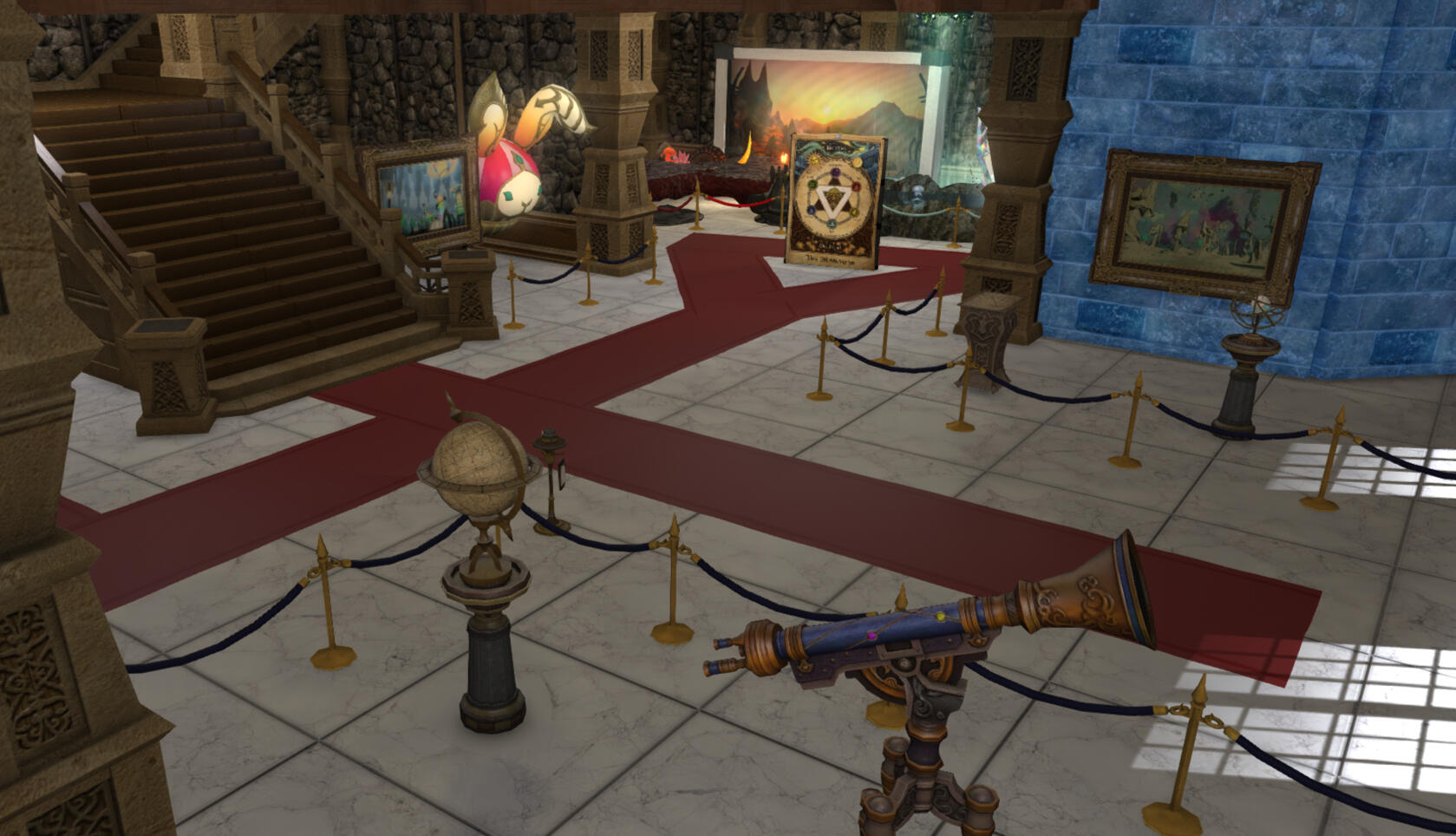 Part of Museum Eorzea showing artifacts related to the Void, such as voidsent statues and the Mhachi Coffin.