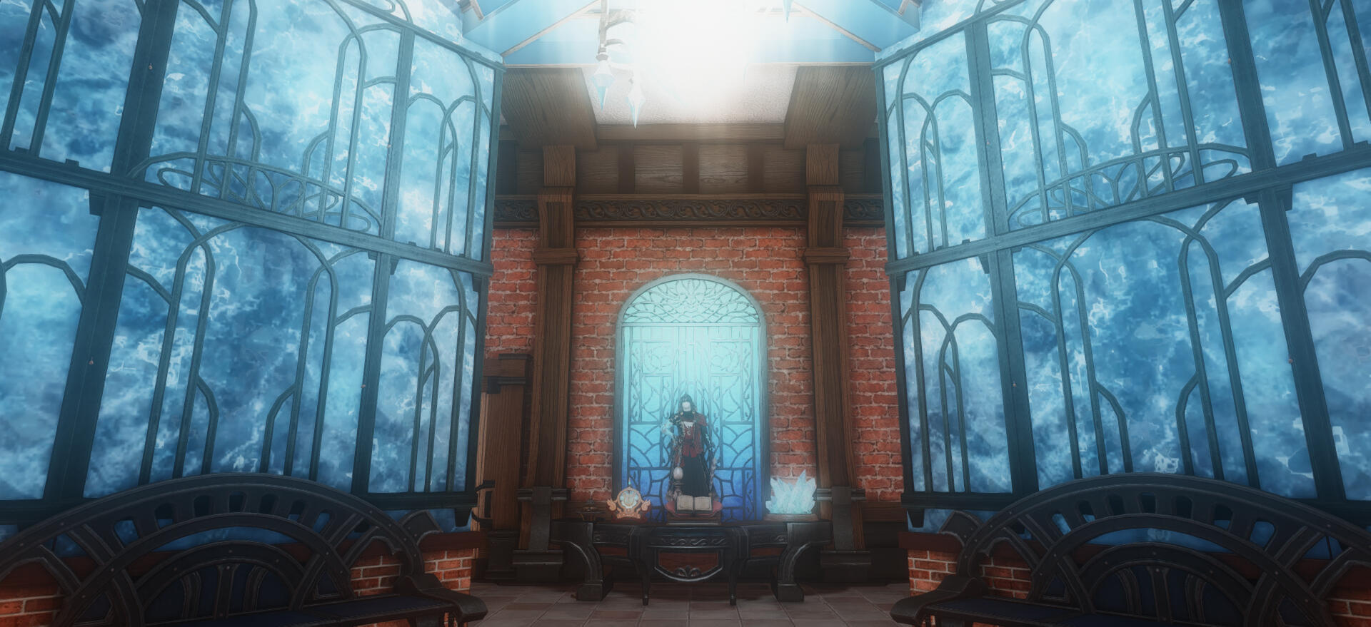 Little Norvrandt's Goblin campus lobby, themed after the Crystarium.