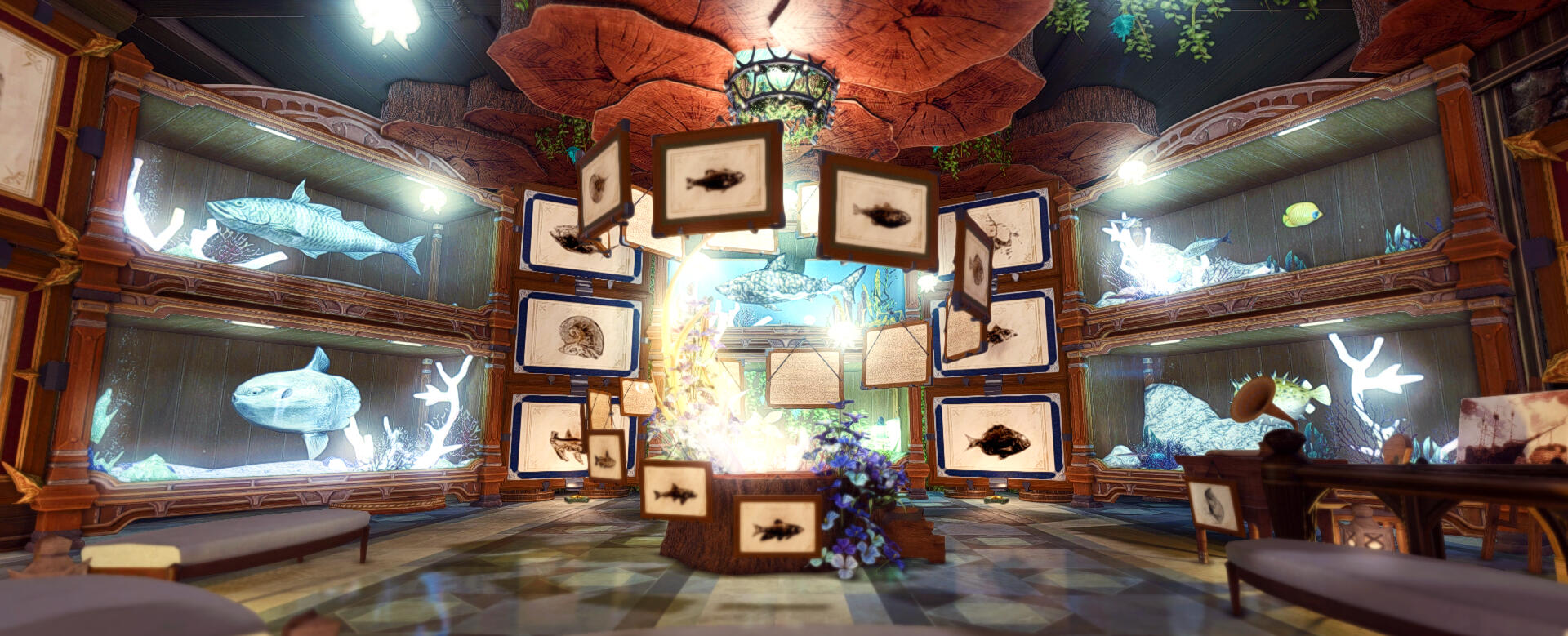 Part of Namafel Aquatic Museum showing different fish in aquariums and angler canvases.