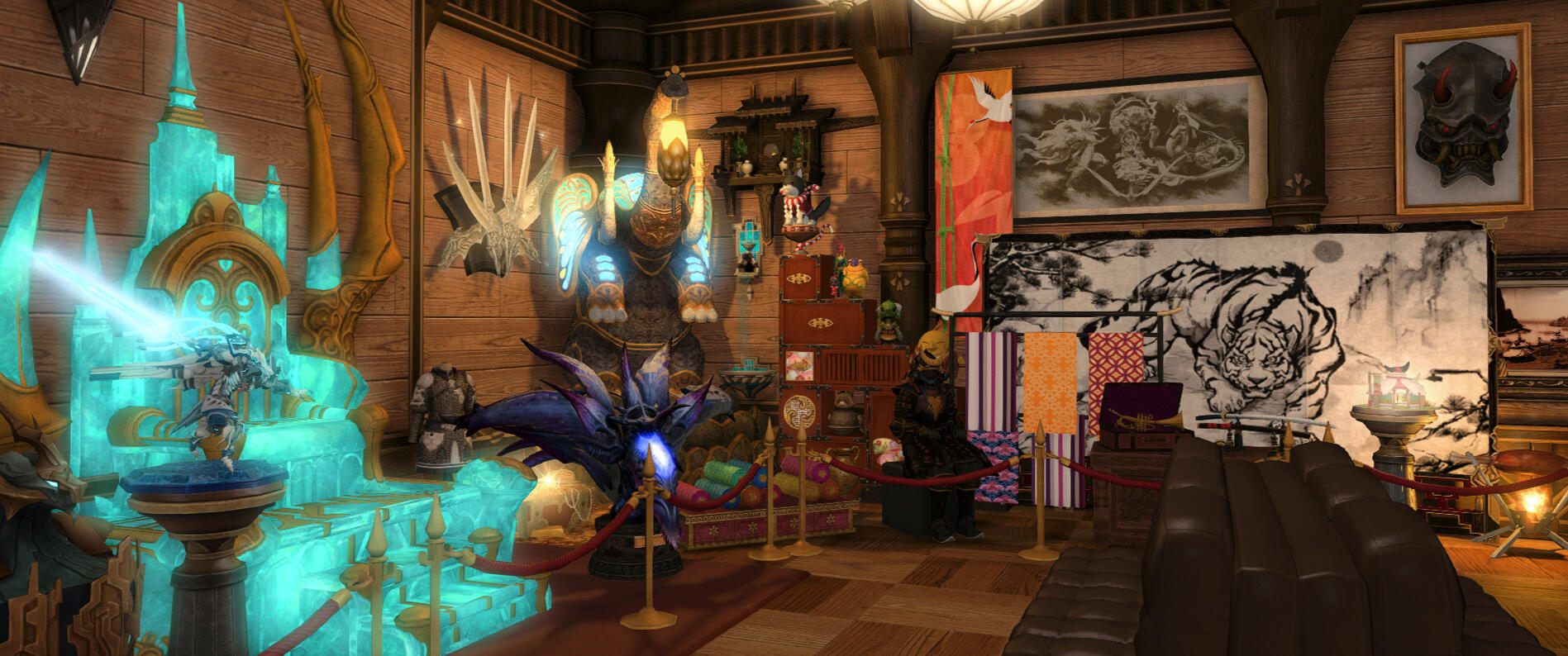 Part of Sygnus Curiosities' lobby showing many different sculptures, unique furniture items, paintings, and more.