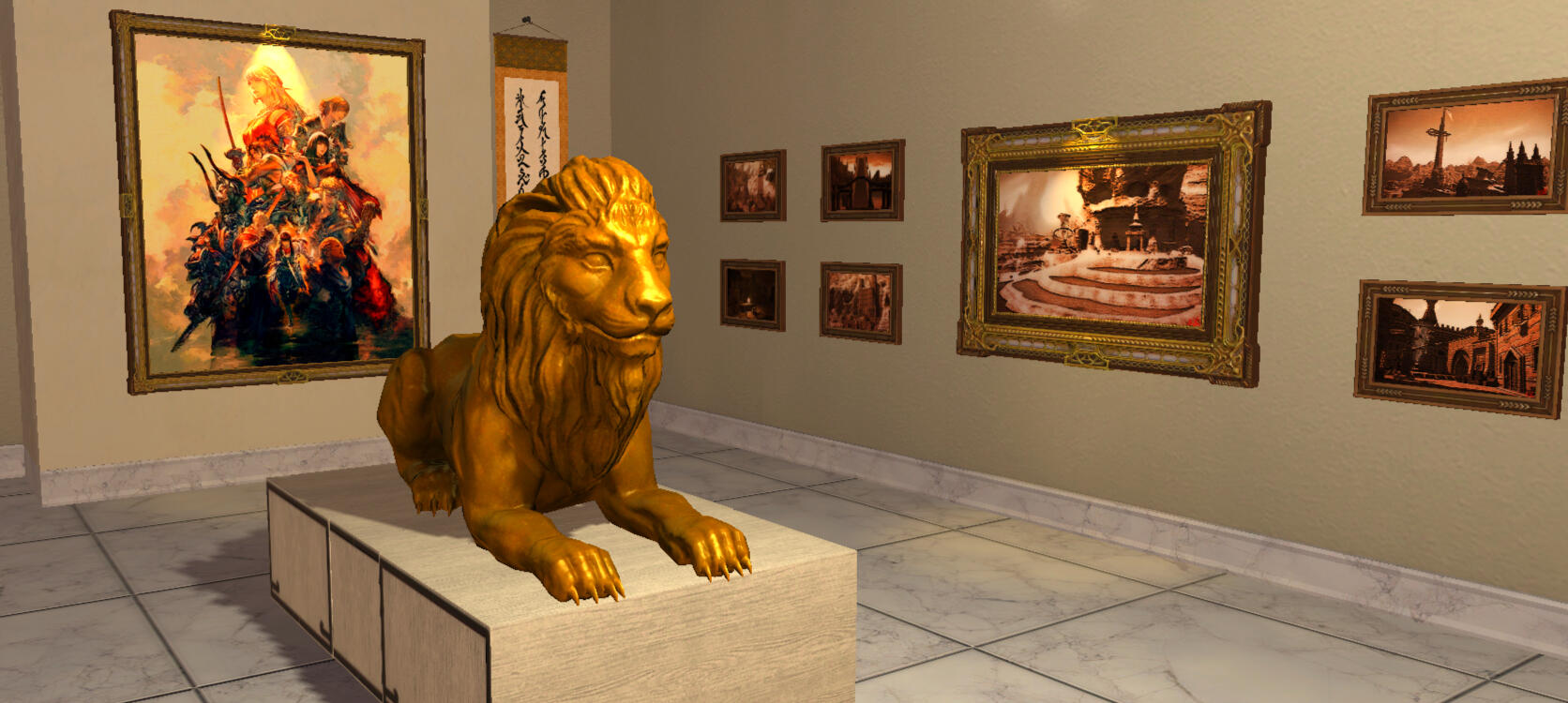 Part of the Ravens Gallery, featuring a gold lion statue and paintings from Stormblood.