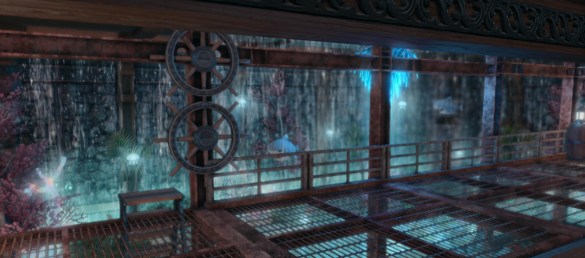 Part of F.I.S.H. themed to be underwater, with Major General shark plushies and jellyfish lamps floating behind waterfall partitions.