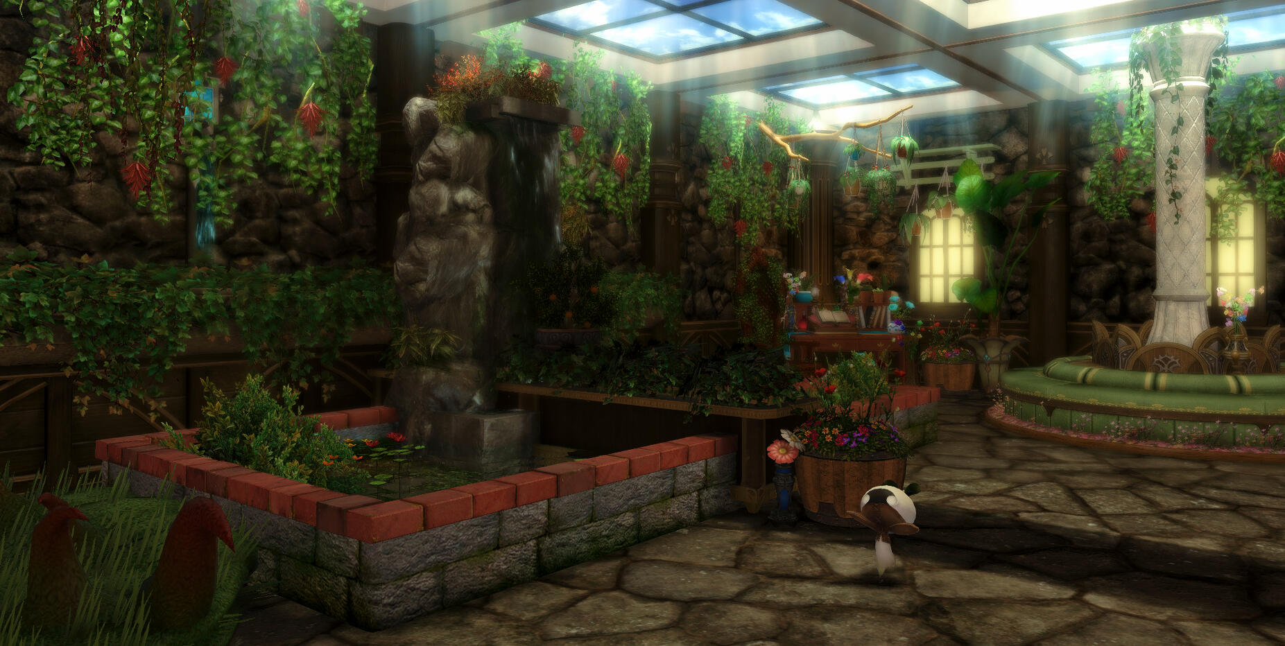 Nophica's Tidings lobby with rainbow potted flowers.