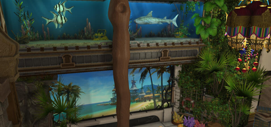 Part of the Ocean Conservation House lobby with aquariums and a phasmascape of Costa del Sol.