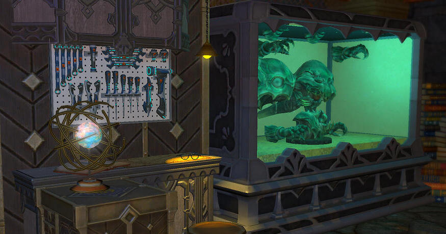 Baldesion Aetheronautic Institute room with Ironworks tools mounted on the wall, an Etheirys globe, and an Emerald Weapon bust in a glass display.