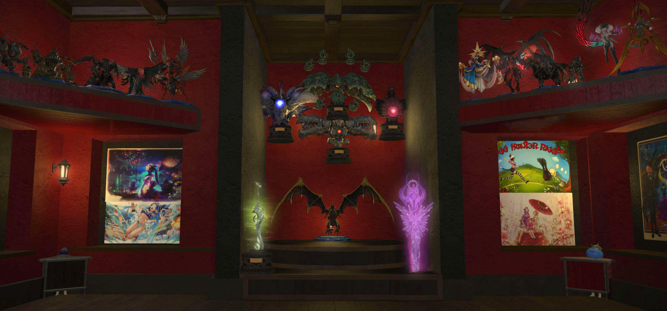 Part of the Tranquil Retreat's basement showing various boss figurines and seasonal event posters.