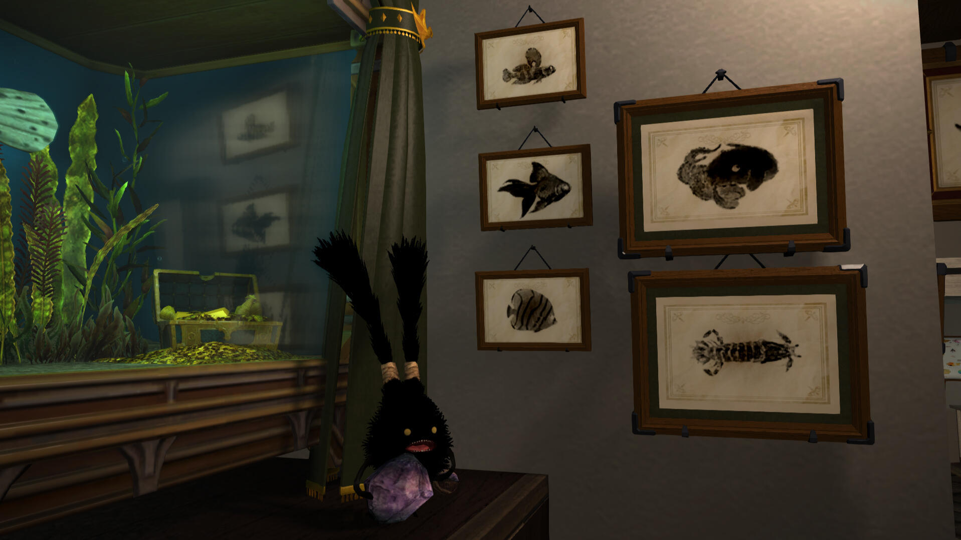 Part of the Tranquil Retreat's basement showing various boss figurines and seasonal event posters.