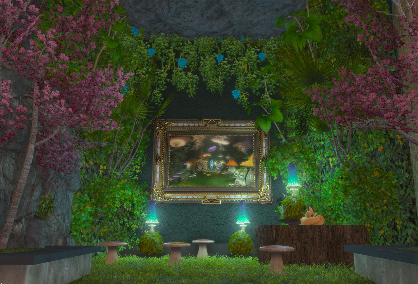 A picture of Pla Enni surrounded by greenery and mushroom lamps.